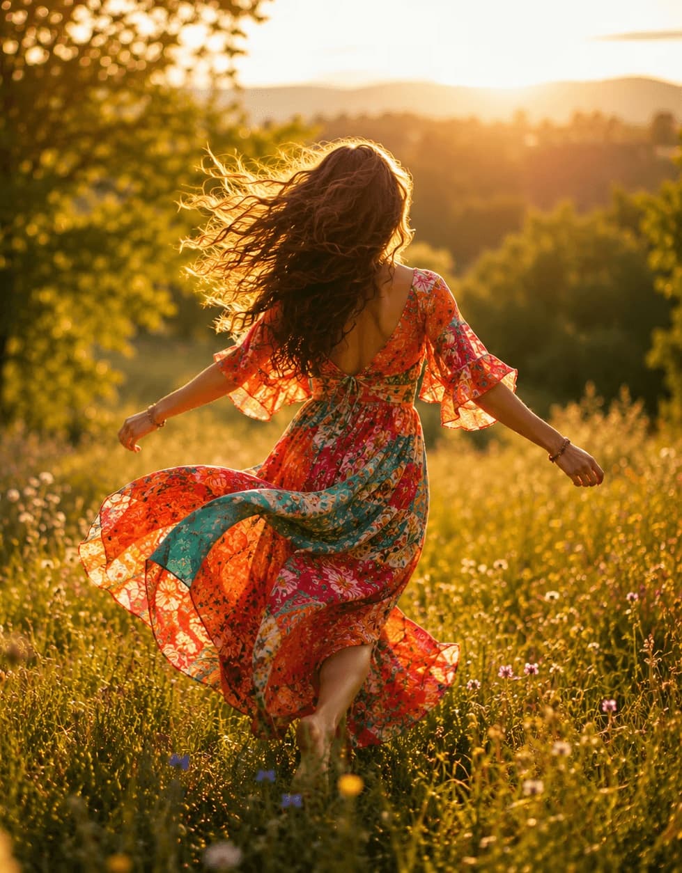 Frau in einem leichten Kleid läuft bei Sonnenuntergang durch eine Blumenwiese