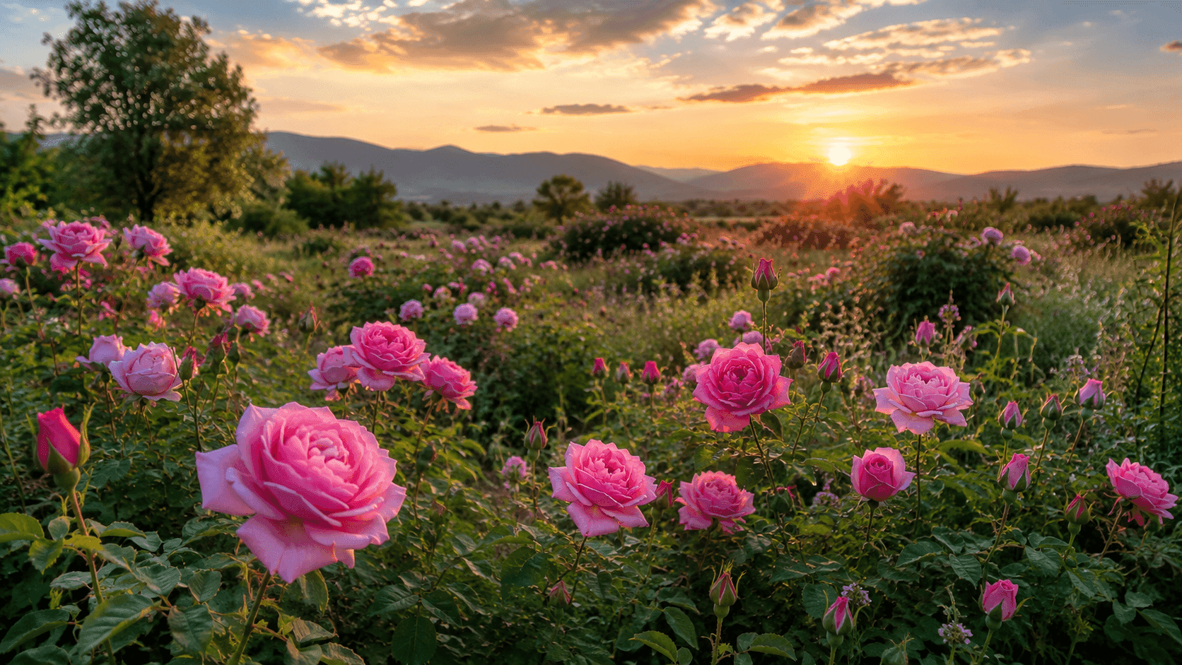 Blühendes Rosenfeld bei Sonnenuntergang
